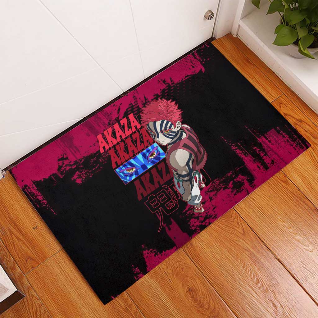 Akaza Demon Slayer Intense Eyes Design Rubber Doormat with Red and Black Grunge Aesthetic and Dynamic Pose - The Mazicc