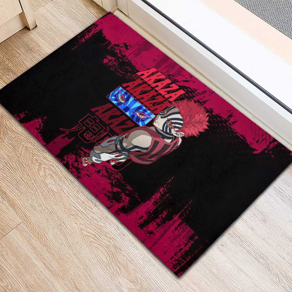Akaza Demon Slayer Intense Eyes Design Rubber Doormat with Red and Black Grunge Aesthetic and Dynamic Pose - The Mazicc