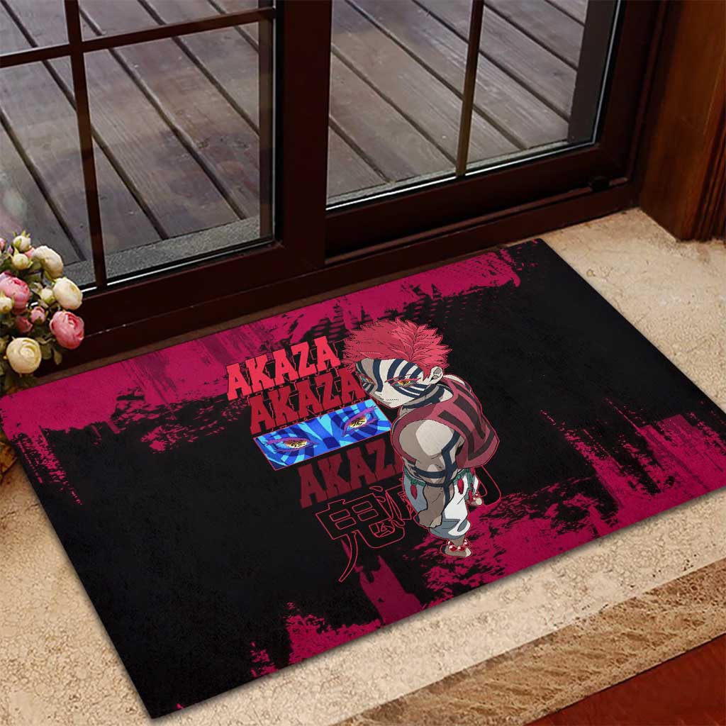 Akaza Demon Slayer Intense Eyes Design Rubber Doormat with Red and Black Grunge Aesthetic and Dynamic Pose - The Mazicc