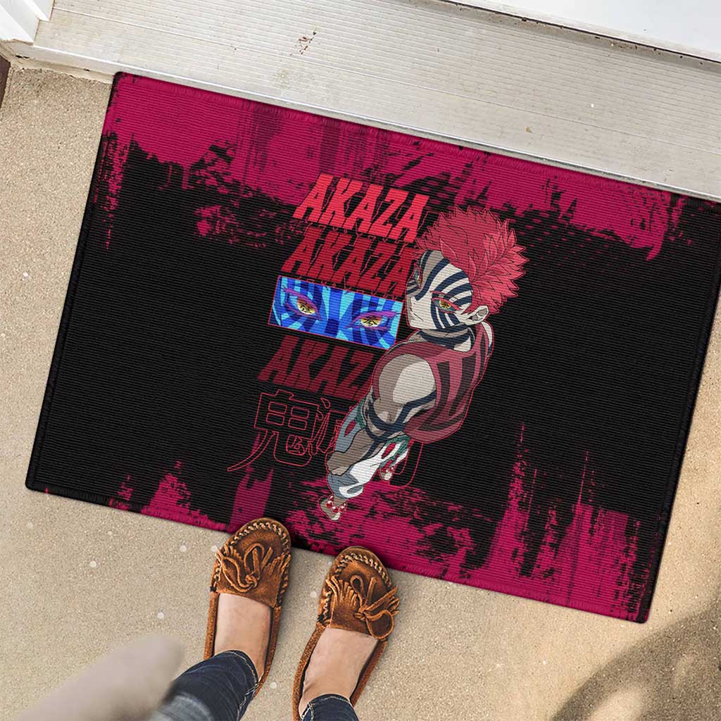 Akaza Demon Slayer Intense Eyes Design Rubber Doormat with Red and Black Grunge Aesthetic and Dynamic Pose - The Mazicc