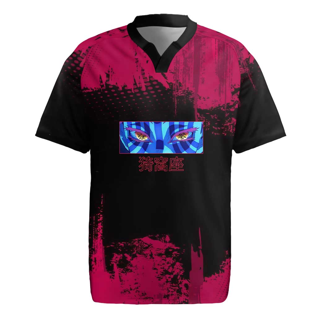 Akaza Demon Slayer Intense Eyes Design Rugby Jersey with Red and Black Grunge Aesthetic and Dynamic Pose - The Mazicc