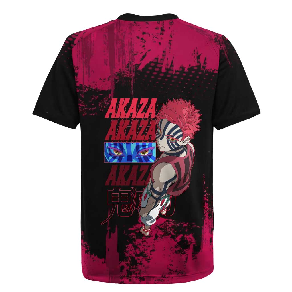 Akaza Demon Slayer Intense Eyes Design Rugby Jersey with Red and Black Grunge Aesthetic and Dynamic Pose - The Mazicc