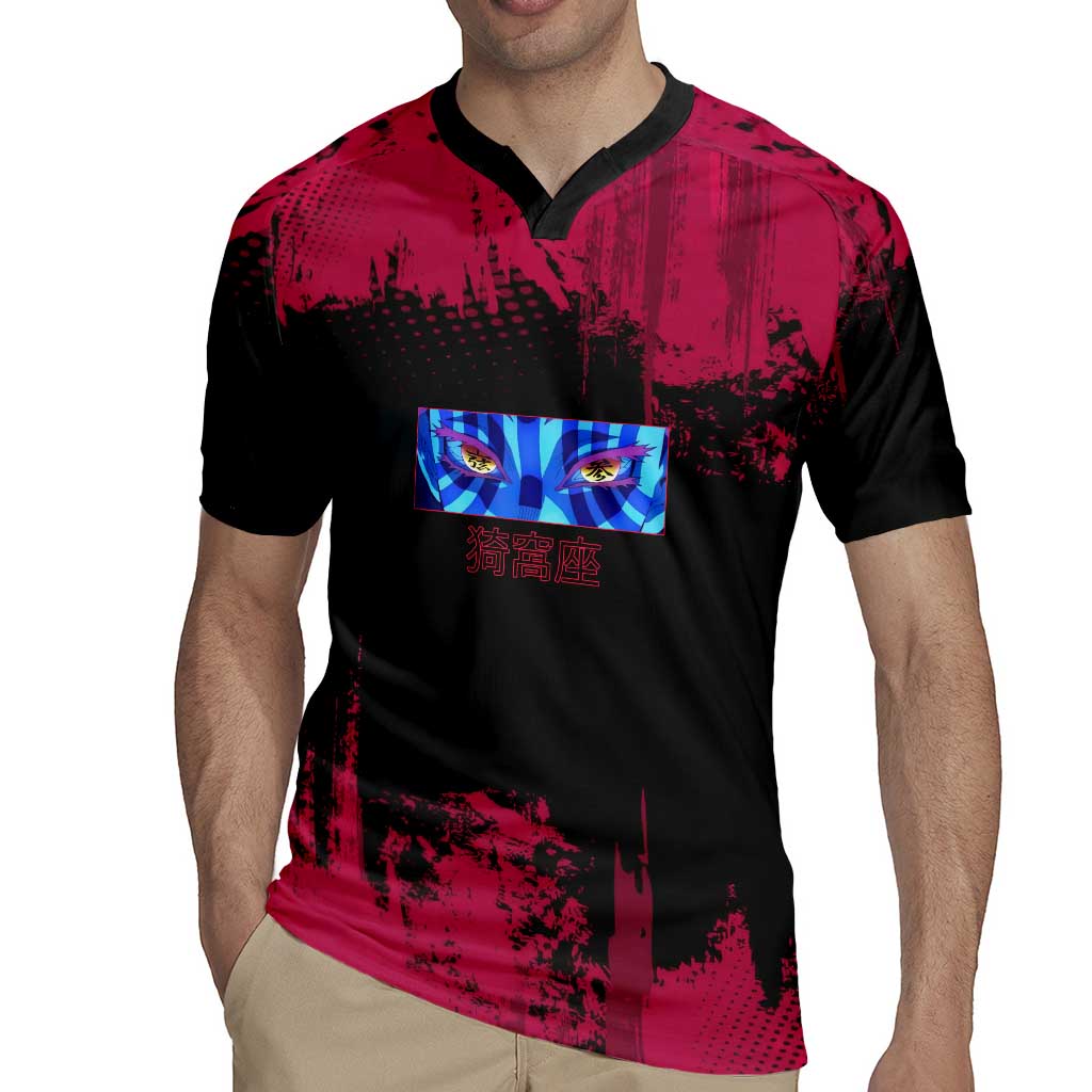 Akaza Demon Slayer Intense Eyes Design Rugby Jersey with Red and Black Grunge Aesthetic and Dynamic Pose - The Mazicc