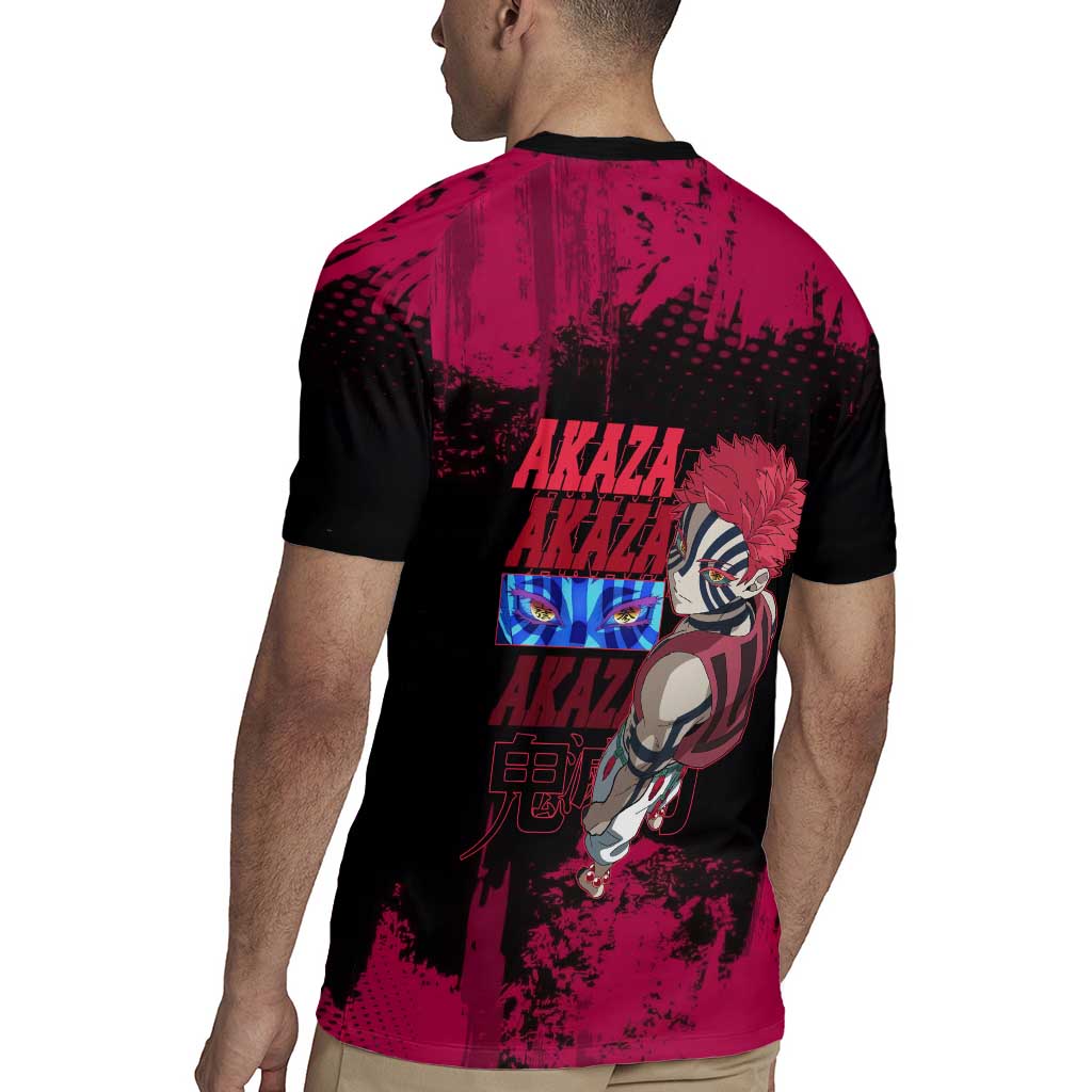 Akaza Demon Slayer Intense Eyes Design Rugby Jersey with Red and Black Grunge Aesthetic and Dynamic Pose - The Mazicc