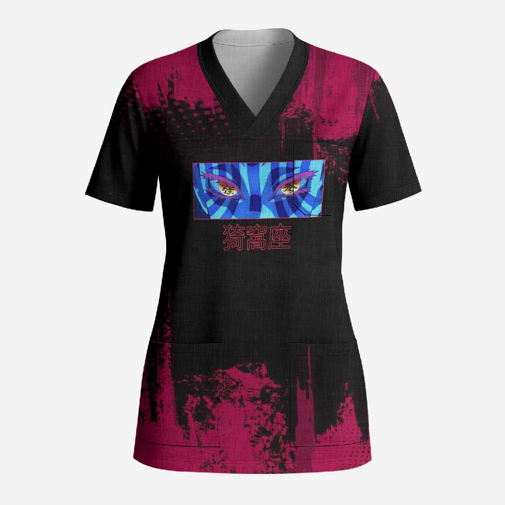 Akaza Demon Slayer Intense Eyes Design Scrub Top with Red and Black Grunge Aesthetic and Dynamic Pose - The Mazicc