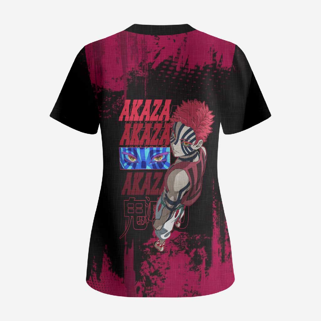 Akaza Demon Slayer Intense Eyes Design Scrub Top with Red and Black Grunge Aesthetic and Dynamic Pose - The Mazicc