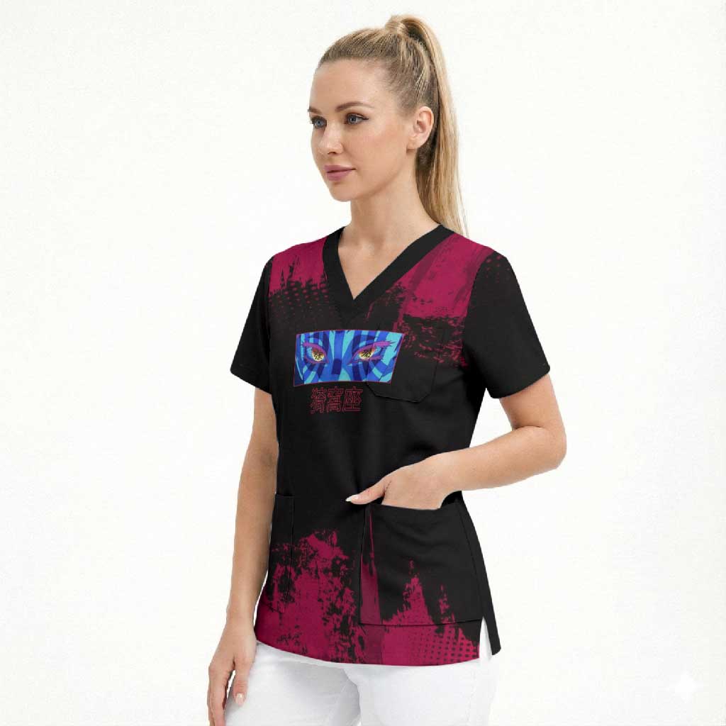 Akaza Demon Slayer Intense Eyes Design Scrub Top with Red and Black Grunge Aesthetic and Dynamic Pose - The Mazicc