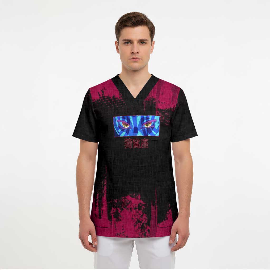 Akaza Demon Slayer Intense Eyes Design Scrub Top with Red and Black Grunge Aesthetic and Dynamic Pose - The Mazicc