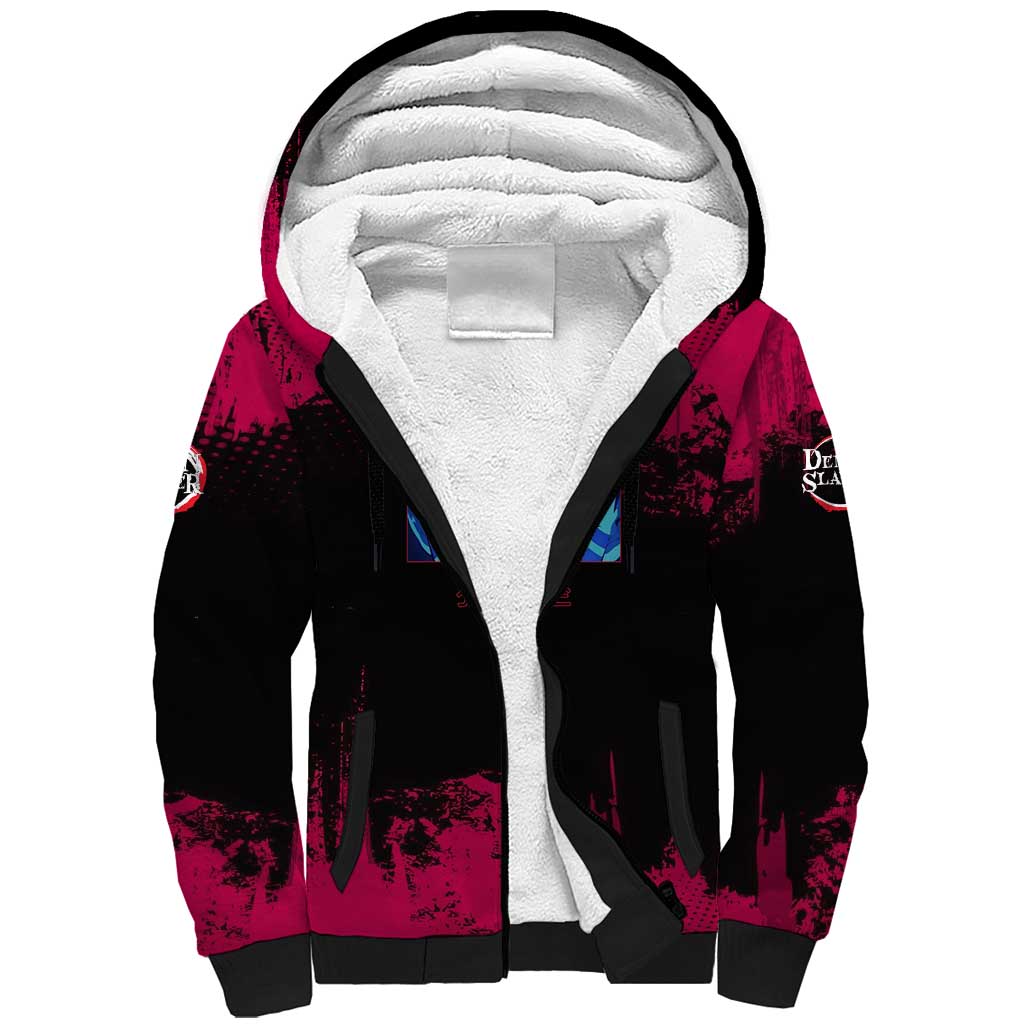 Akaza Demon Slayer Intense Eyes Design Sherpa Hoodie with Red and Black Grunge Aesthetic and Dynamic Pose - The Mazicc