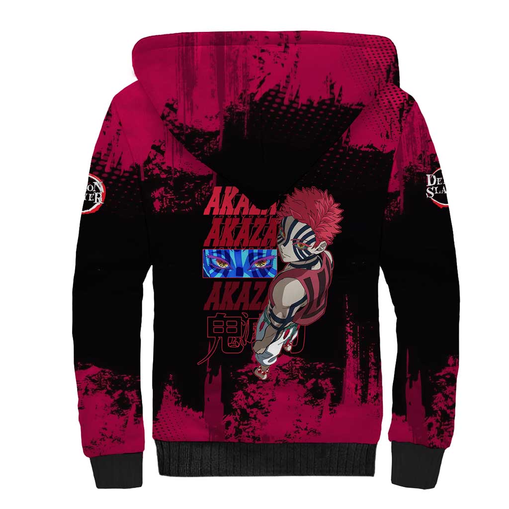 Akaza Demon Slayer Intense Eyes Design Sherpa Hoodie with Red and Black Grunge Aesthetic and Dynamic Pose - The Mazicc