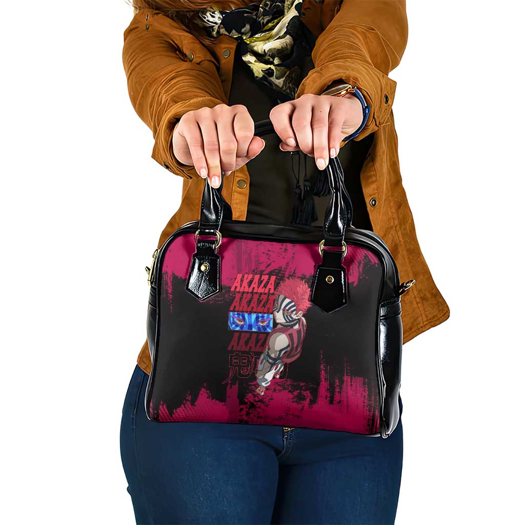 Akaza Demon Slayer Intense Eyes Design Shoulder Handbag with Red and Black Grunge Aesthetic and Dynamic Pose - The Mazicc