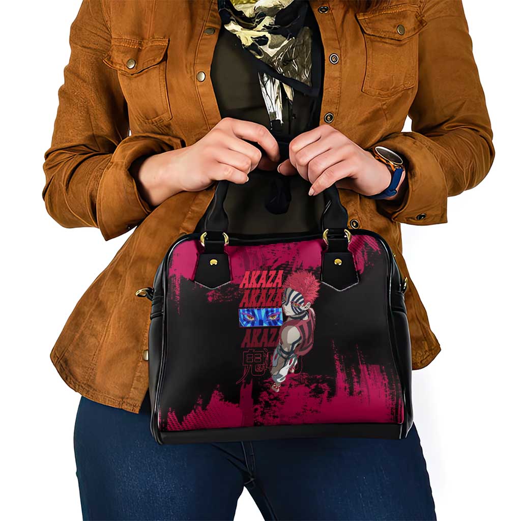 Akaza Demon Slayer Intense Eyes Design Shoulder Handbag with Red and Black Grunge Aesthetic and Dynamic Pose - The Mazicc
