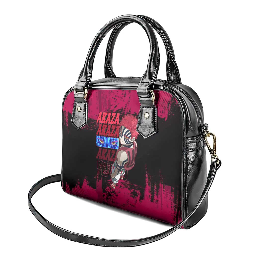 Akaza Demon Slayer Intense Eyes Design Shoulder Handbag with Red and Black Grunge Aesthetic and Dynamic Pose - The Mazicc