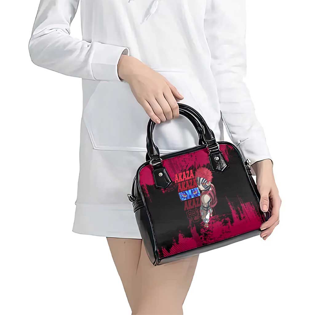 Akaza Demon Slayer Intense Eyes Design Shoulder Handbag with Red and Black Grunge Aesthetic and Dynamic Pose - The Mazicc