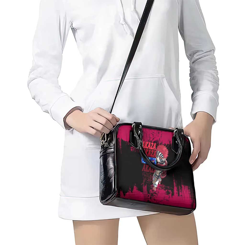 Akaza Demon Slayer Intense Eyes Design Shoulder Handbag with Red and Black Grunge Aesthetic and Dynamic Pose - The Mazicc