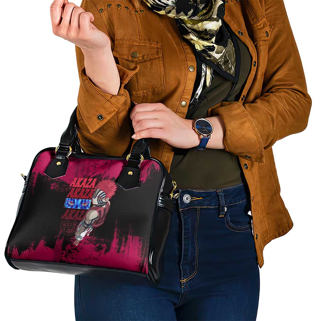 Akaza Demon Slayer Intense Eyes Design Shoulder Handbag with Red and Black Grunge Aesthetic and Dynamic Pose - The Mazicc