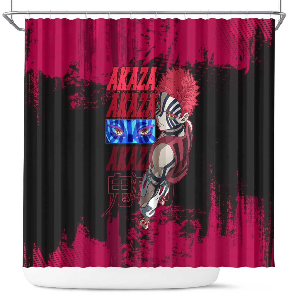 Akaza Demon Slayer Intense Eyes Design Shower Curtain with Red and Black Grunge Aesthetic and Dynamic Pose - The Mazicc