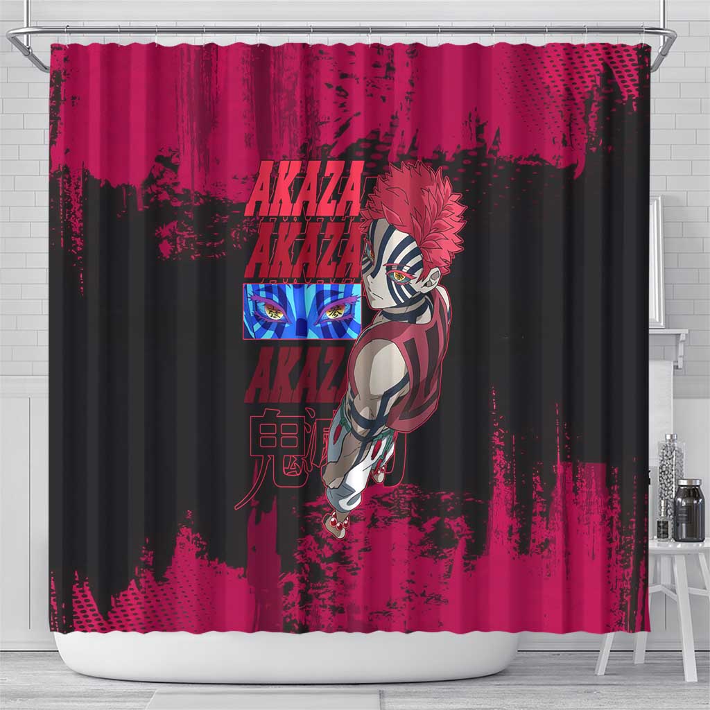 Akaza Demon Slayer Intense Eyes Design Shower Curtain with Red and Black Grunge Aesthetic and Dynamic Pose - The Mazicc