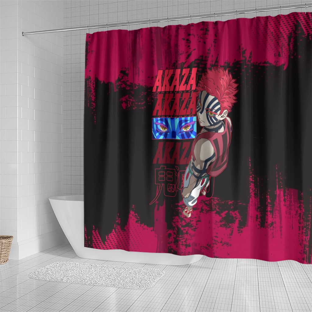 Akaza Demon Slayer Intense Eyes Design Shower Curtain with Red and Black Grunge Aesthetic and Dynamic Pose - The Mazicc