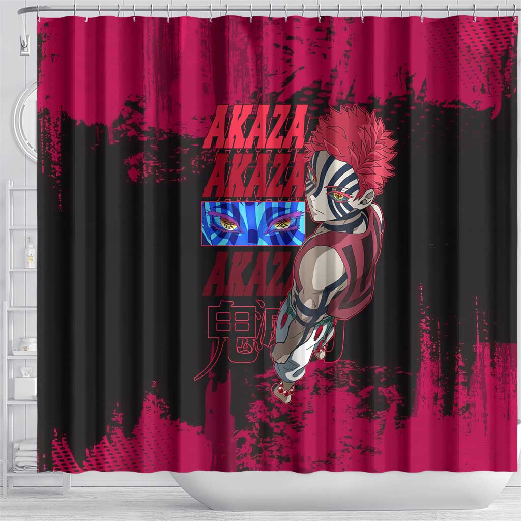 Akaza Demon Slayer Intense Eyes Design Shower Curtain with Red and Black Grunge Aesthetic and Dynamic Pose - The Mazicc