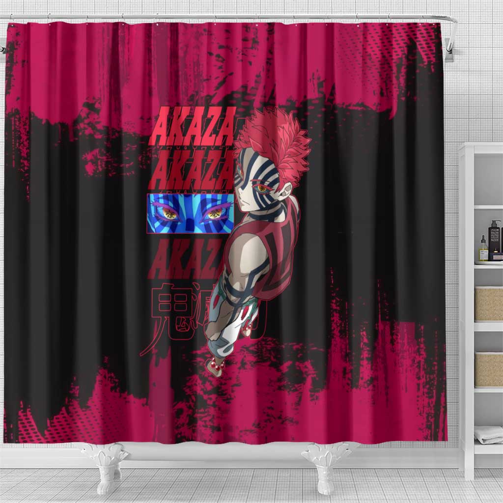 Akaza Demon Slayer Intense Eyes Design Shower Curtain with Red and Black Grunge Aesthetic and Dynamic Pose - The Mazicc