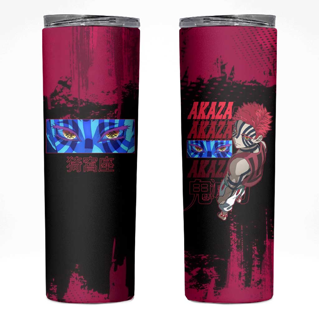 Akaza Demon Slayer Intense Eyes Design Skinny Tumbler with Red and Black Grunge Aesthetic and Dynamic Pose - The Mazicc