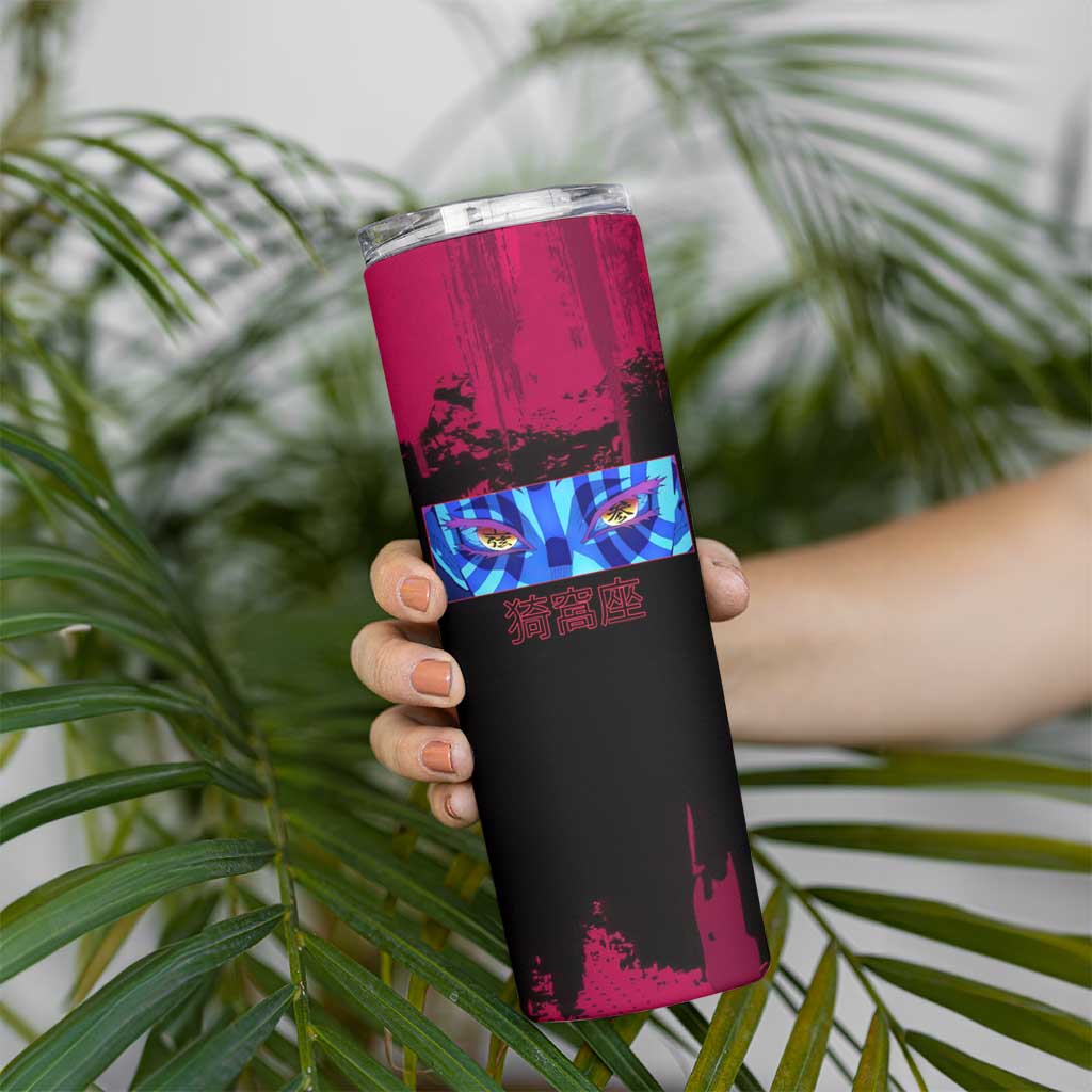 Akaza Demon Slayer Intense Eyes Design Skinny Tumbler with Red and Black Grunge Aesthetic and Dynamic Pose - The Mazicc