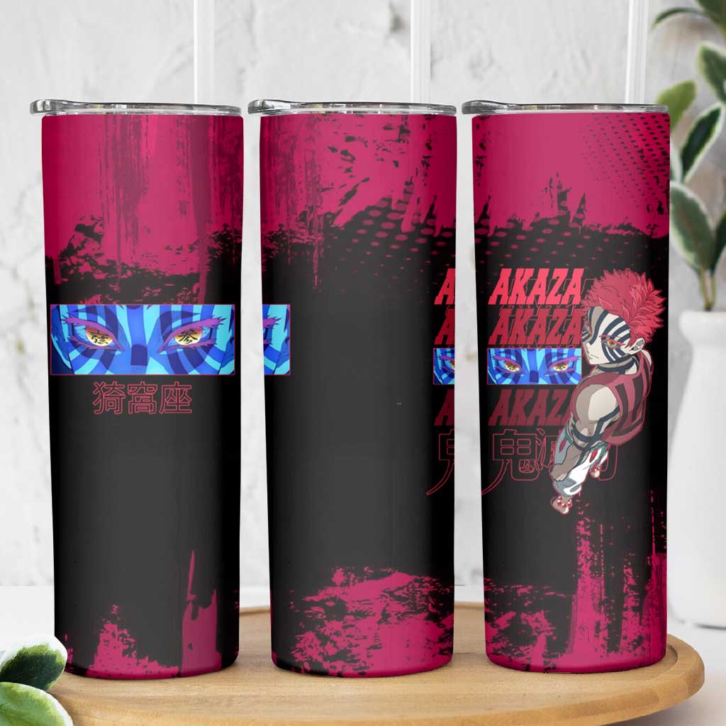 Akaza Demon Slayer Intense Eyes Design Skinny Tumbler with Red and Black Grunge Aesthetic and Dynamic Pose - The Mazicc