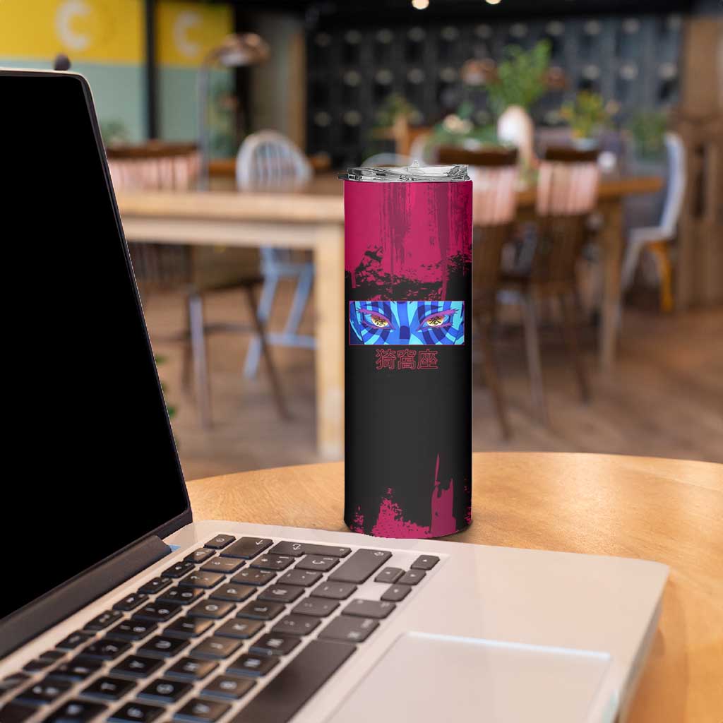 Akaza Demon Slayer Intense Eyes Design Skinny Tumbler with Red and Black Grunge Aesthetic and Dynamic Pose - The Mazicc