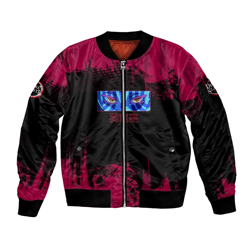 Akaza Demon Slayer Intense Eyes Design Sleeve Zip Bomber Jacket with Red and Black Grunge Aesthetic and Dynamic Pose - The Mazicc