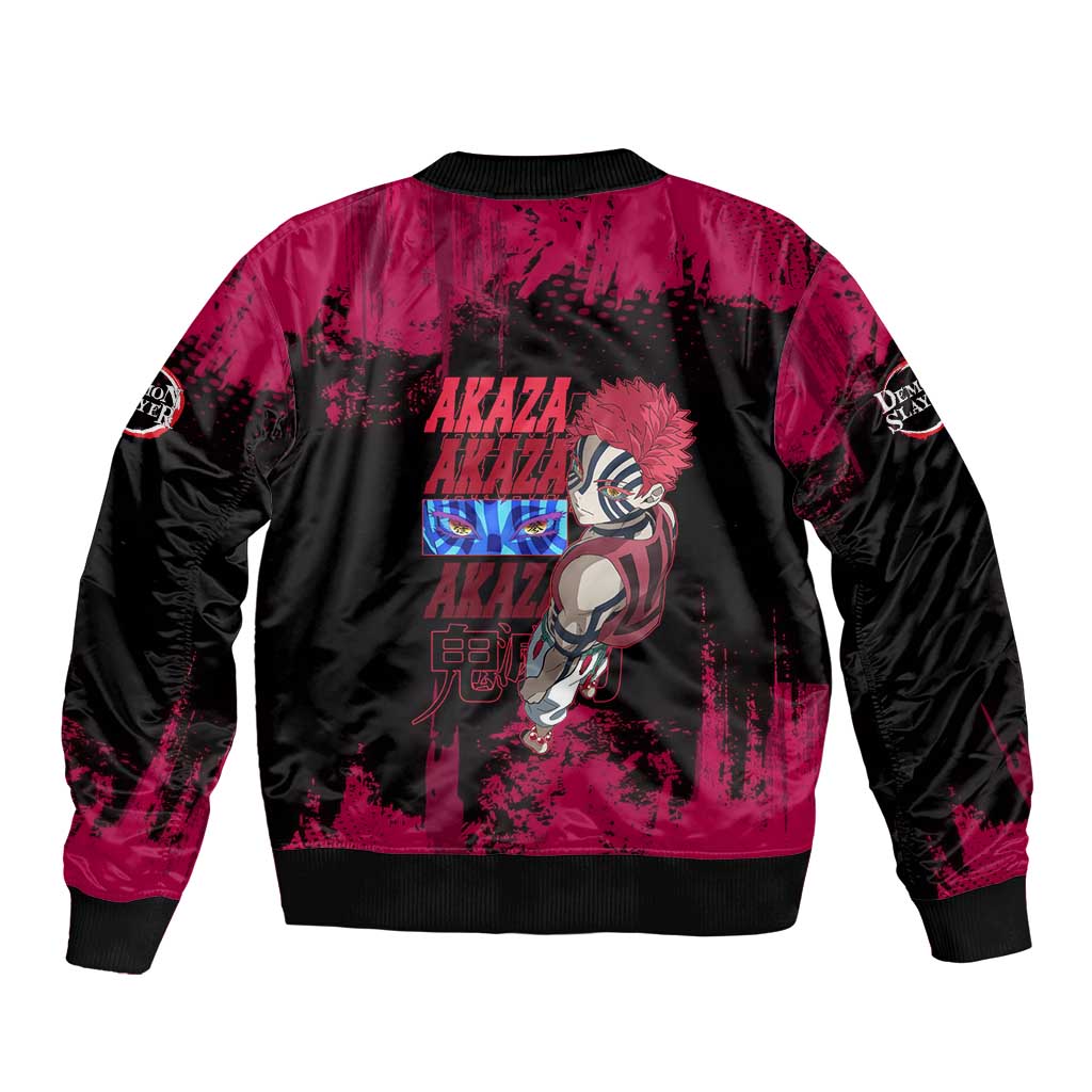 Akaza Demon Slayer Intense Eyes Design Sleeve Zip Bomber Jacket with Red and Black Grunge Aesthetic and Dynamic Pose - The Mazicc
