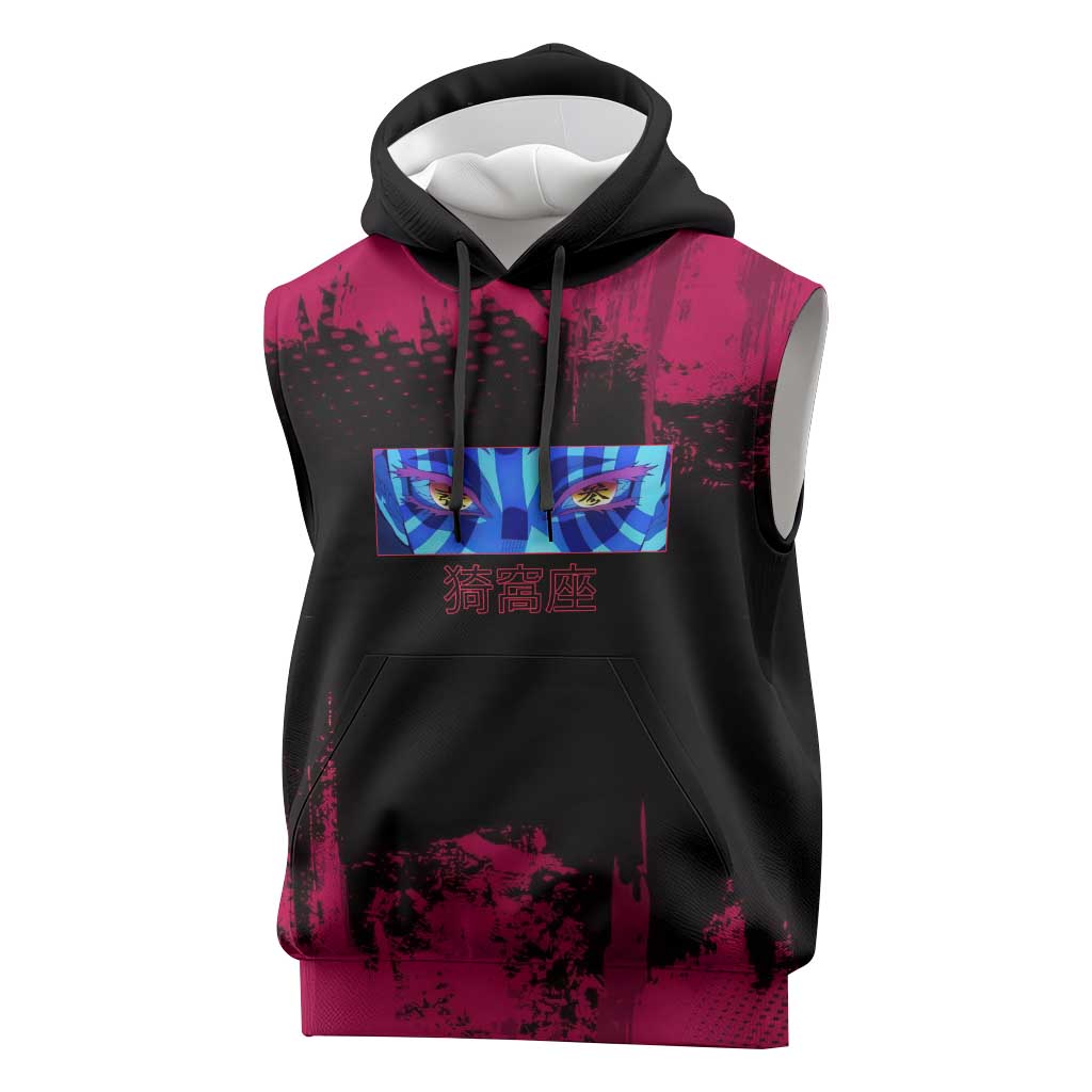 Akaza Demon Slayer Intense Eyes Design Sleeveless Hoodie with Red and Black Grunge Aesthetic and Dynamic Pose - The Mazicc