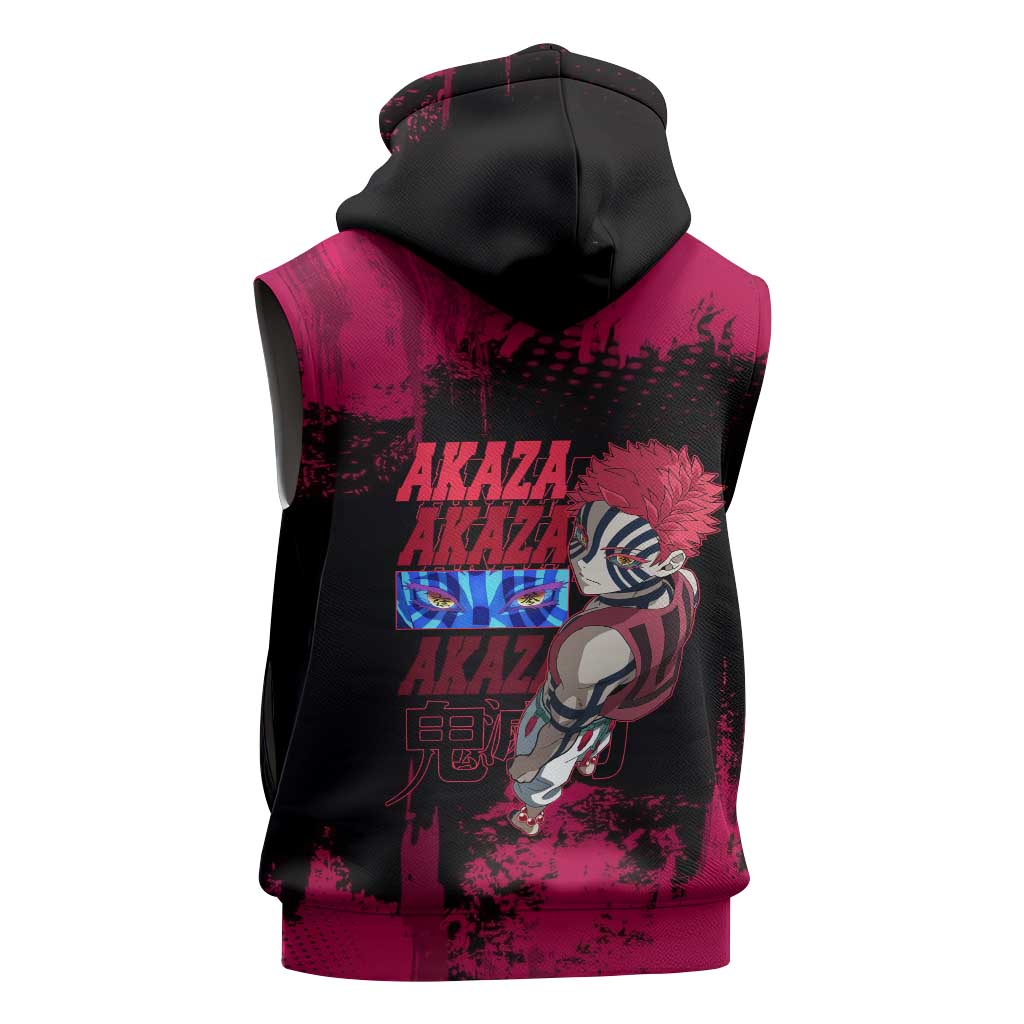 Akaza Demon Slayer Intense Eyes Design Sleeveless Hoodie with Red and Black Grunge Aesthetic and Dynamic Pose - The Mazicc