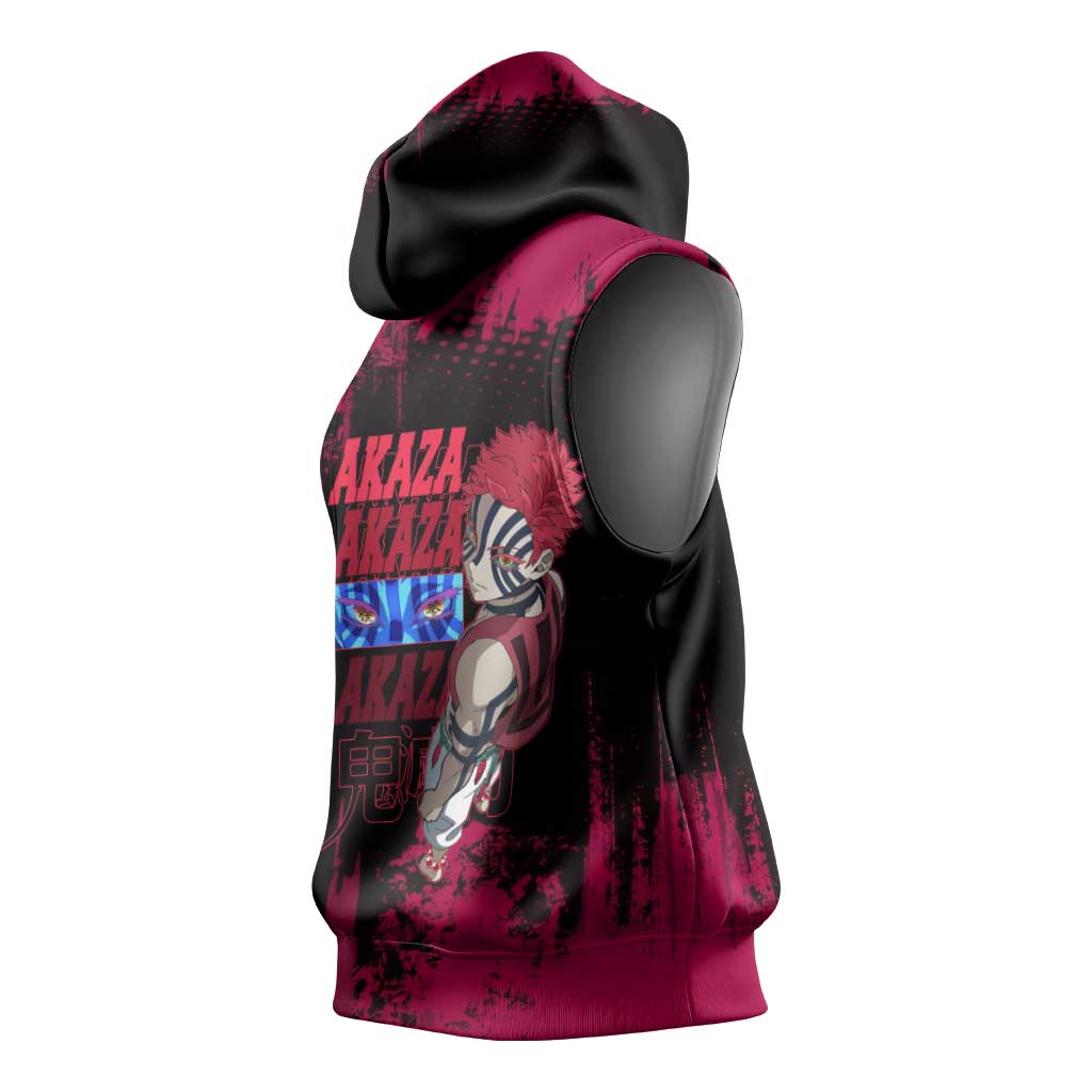 Akaza Demon Slayer Intense Eyes Design Sleeveless Hoodie with Red and Black Grunge Aesthetic and Dynamic Pose - The Mazicc