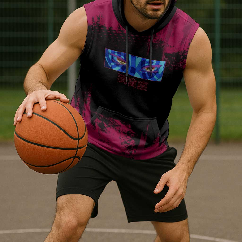 Akaza Demon Slayer Intense Eyes Design Sleeveless Hoodie with Red and Black Grunge Aesthetic and Dynamic Pose - The Mazicc
