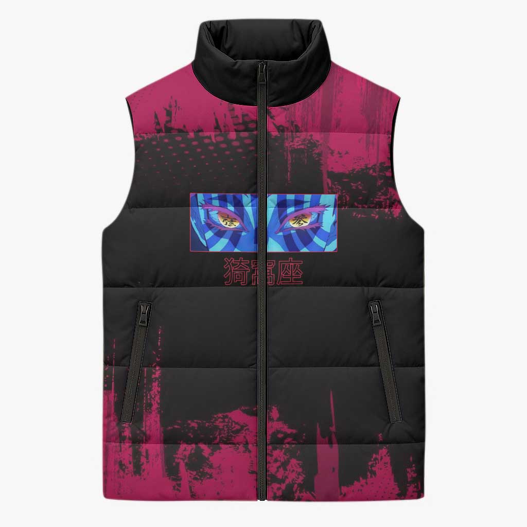 Akaza Demon Slayer Intense Eyes Design Sleeveless Puffer Jacket with Red and Black Grunge Aesthetic and Dynamic Pose - The Mazicc