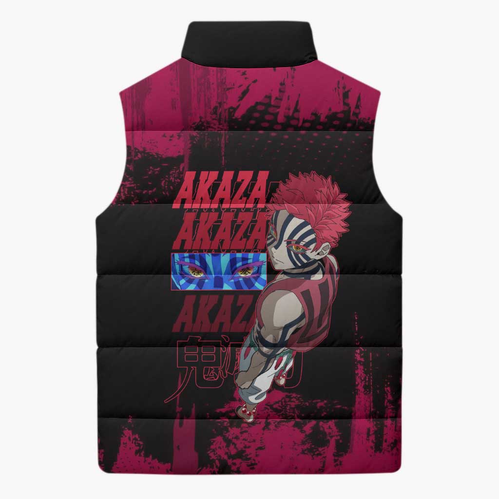 Akaza Demon Slayer Intense Eyes Design Sleeveless Puffer Jacket with Red and Black Grunge Aesthetic and Dynamic Pose - The Mazicc