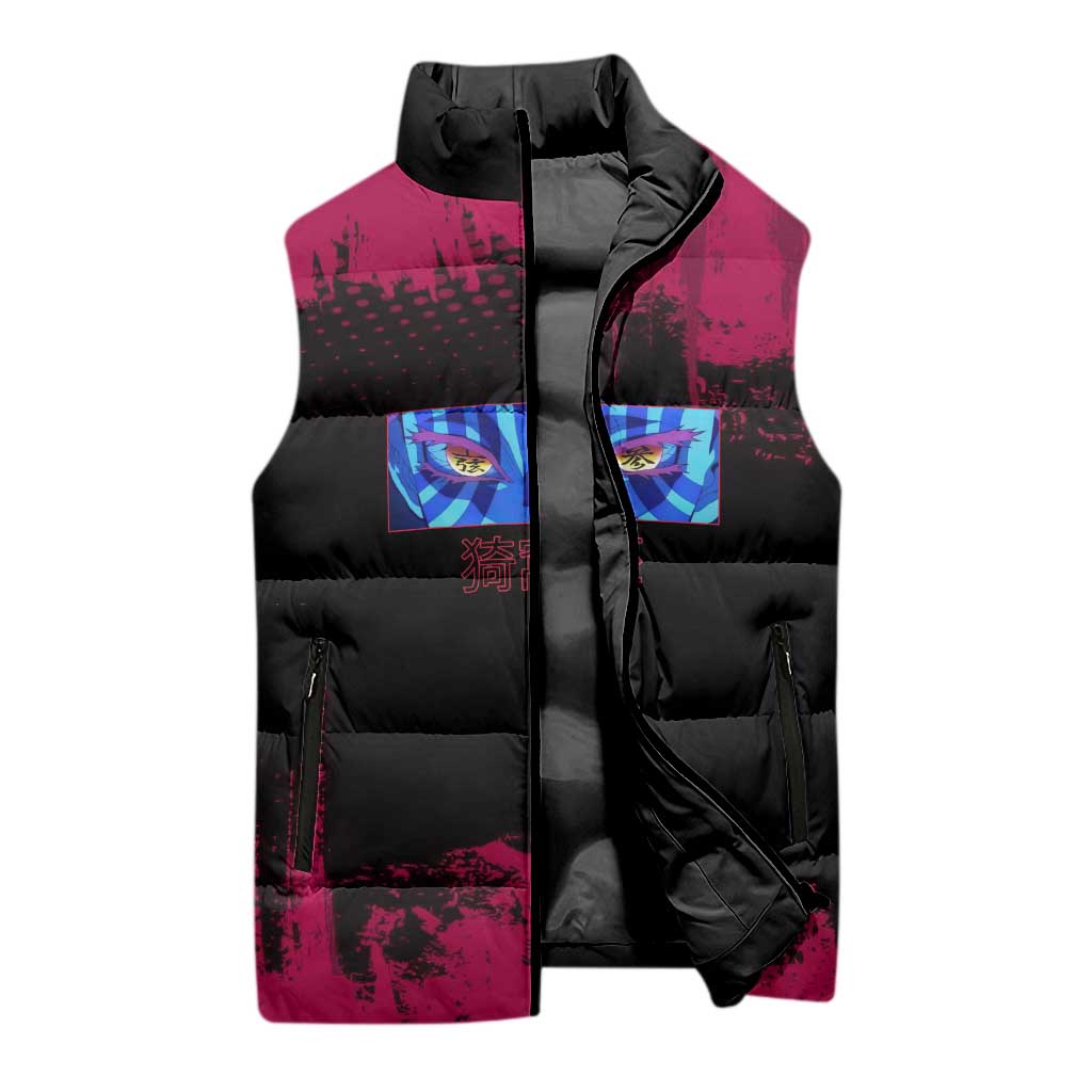 Akaza Demon Slayer Intense Eyes Design Sleeveless Puffer Jacket with Red and Black Grunge Aesthetic and Dynamic Pose - The Mazicc