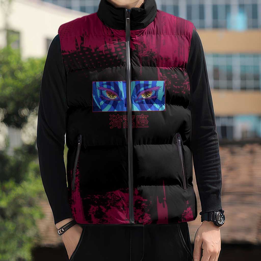Akaza Demon Slayer Intense Eyes Design Sleeveless Puffer Jacket with Red and Black Grunge Aesthetic and Dynamic Pose - The Mazicc