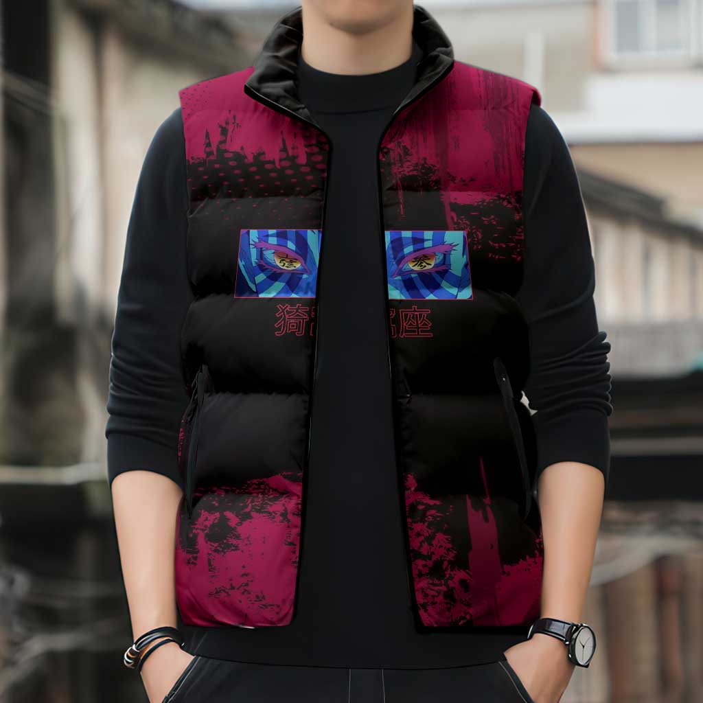 Akaza Demon Slayer Intense Eyes Design Sleeveless Puffer Jacket with Red and Black Grunge Aesthetic and Dynamic Pose - The Mazicc