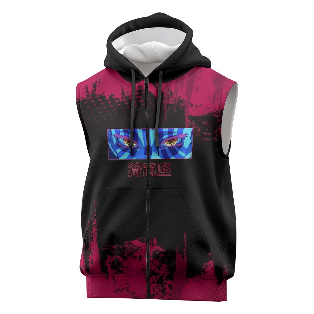 Akaza Demon Slayer Intense Eyes Design Sleeveless Zip Hoodie with Red and Black Grunge Aesthetic and Dynamic Pose - The Mazicc