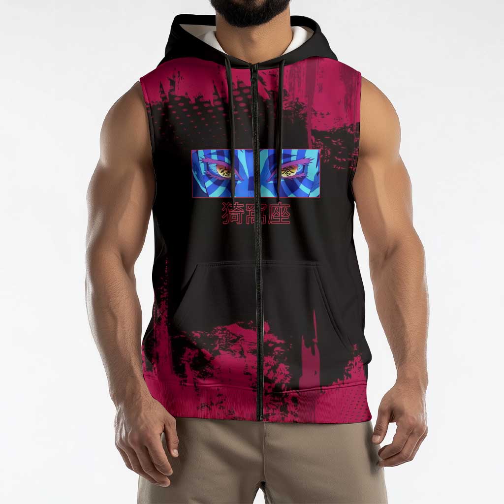 Akaza Demon Slayer Intense Eyes Design Sleeveless Zip Hoodie with Red and Black Grunge Aesthetic and Dynamic Pose - The Mazicc