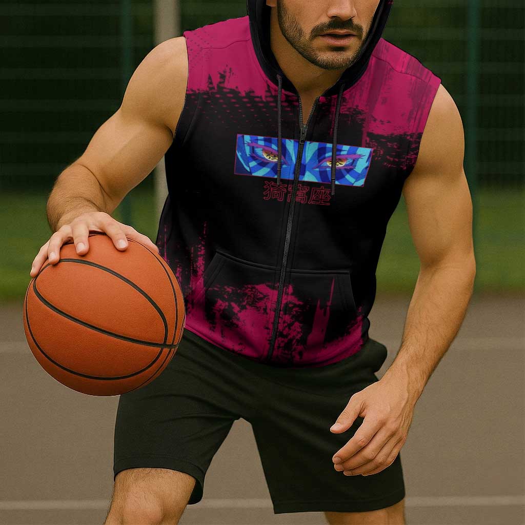Akaza Demon Slayer Intense Eyes Design Sleeveless Zip Hoodie with Red and Black Grunge Aesthetic and Dynamic Pose - The Mazicc