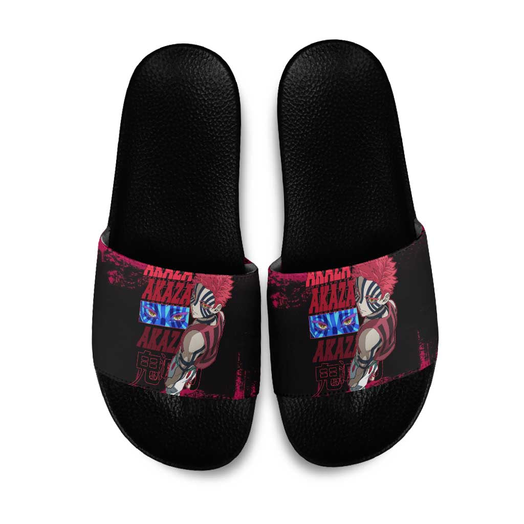 Akaza Demon Slayer Intense Eyes Design Slide Sandals with Red and Black Grunge Aesthetic and Dynamic Pose - The Mazicc