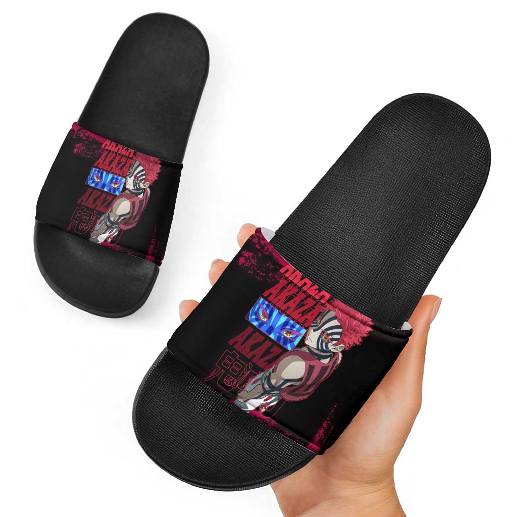 Akaza Demon Slayer Intense Eyes Design Slide Sandals with Red and Black Grunge Aesthetic and Dynamic Pose - The Mazicc