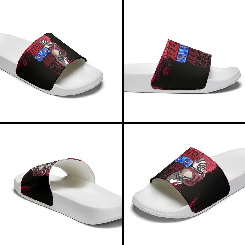Akaza Demon Slayer Intense Eyes Design Slide Sandals with Red and Black Grunge Aesthetic and Dynamic Pose - The Mazicc