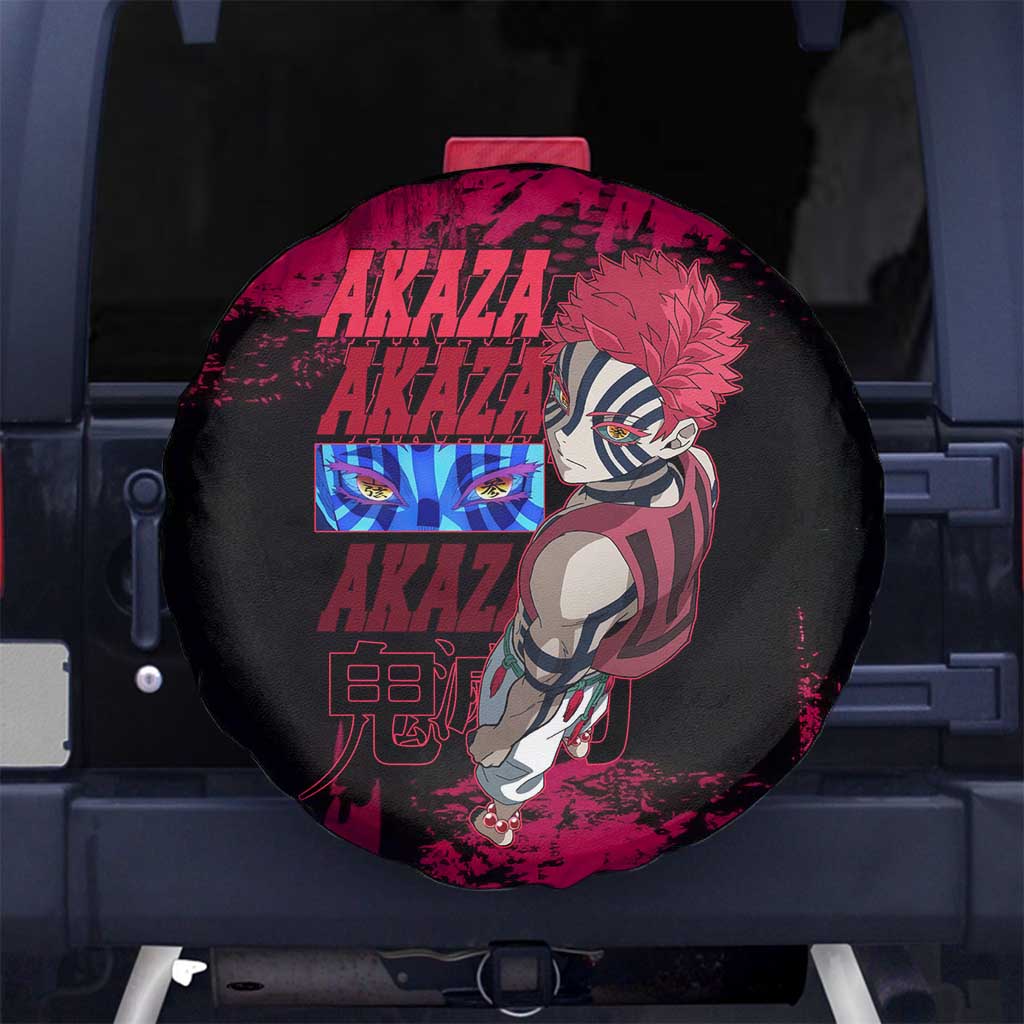 Akaza Demon Slayer Intense Eyes Design Spare Tire Cover with Red and Black Grunge Aesthetic and Dynamic Pose - The Mazicc