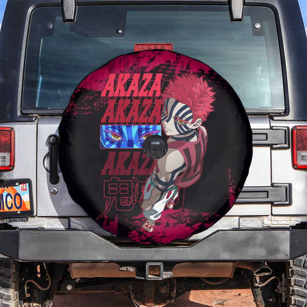 Akaza Demon Slayer Intense Eyes Design Spare Tire Cover with Red and Black Grunge Aesthetic and Dynamic Pose - The Mazicc
