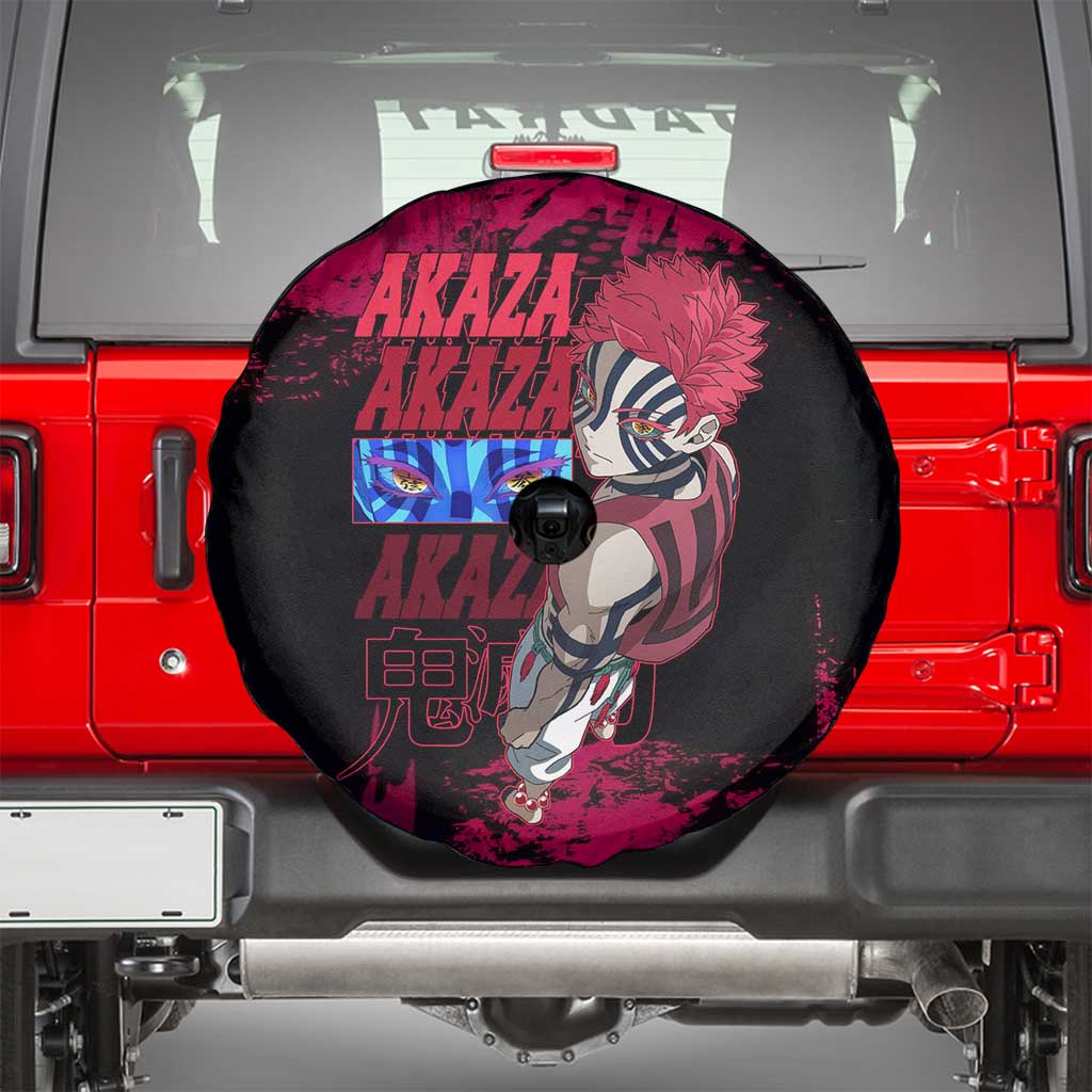 Akaza Demon Slayer Intense Eyes Design Spare Tire Cover with Red and Black Grunge Aesthetic and Dynamic Pose - The Mazicc