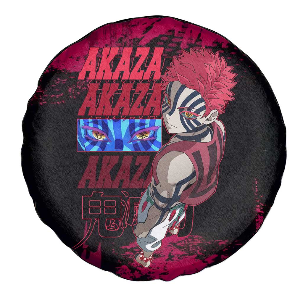 Akaza Demon Slayer Intense Eyes Design Spare Tire Cover with Red and Black Grunge Aesthetic and Dynamic Pose - The Mazicc